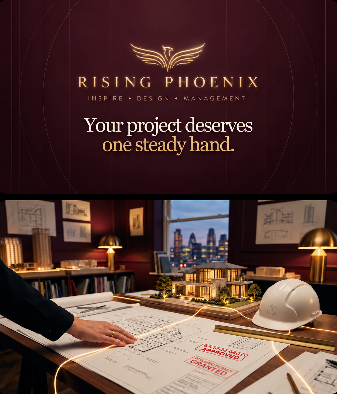 Illuminated scale model of a luxury home on architectural plans in the Rising Phoenix studio